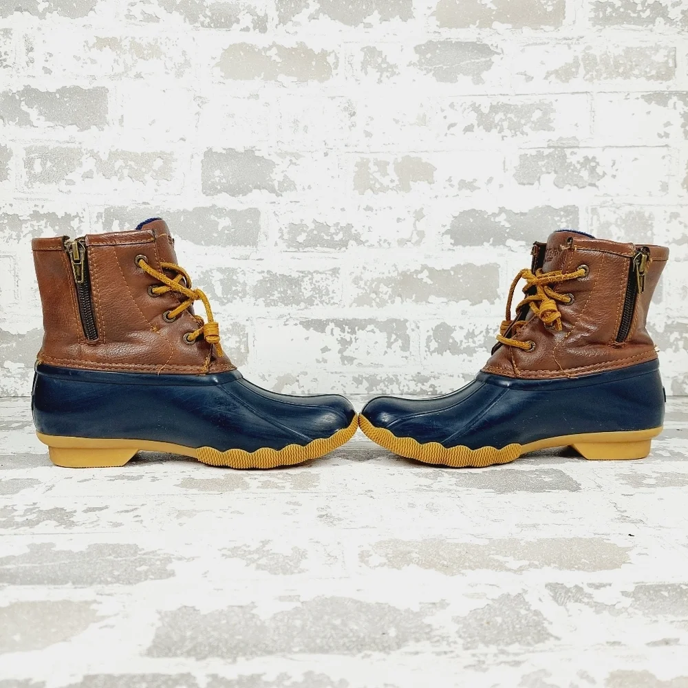 Sperry Saltwater Duck Rain Blue Brown Leather Lace Up Zipper Ankle Boots K338
